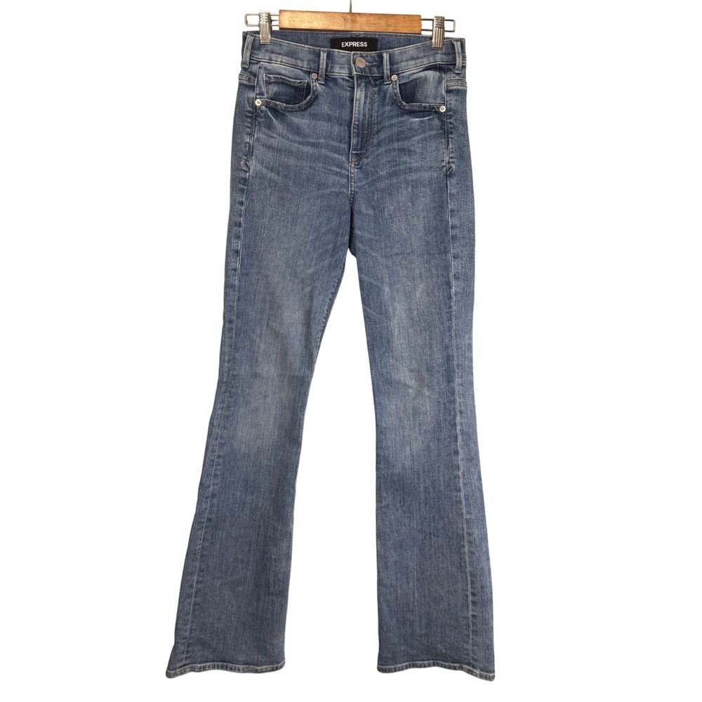 Express Womens High Rise Bootcut Jeans Medium Wash Blue Size 2R Stretch 90094